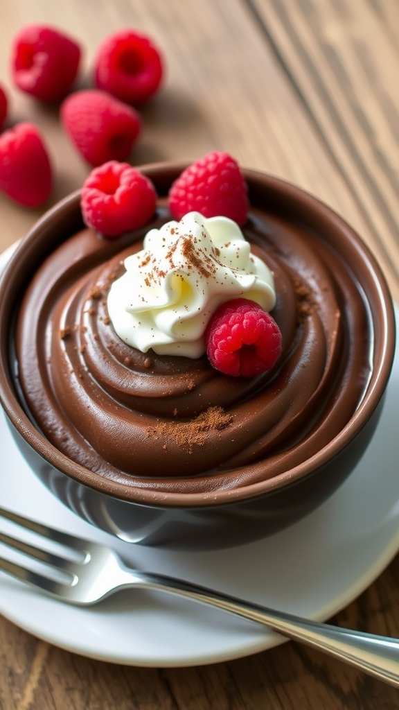 A bowl of vegan chocolate mousse garnished with whipped cream and raspberries on a wooden table.